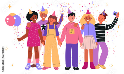 Children's party. Group of children standing together, holding hands, having fun and smiling. Balloons, camera, party popper. Children in bright fashionable casual clothes. Happy childhood concept
