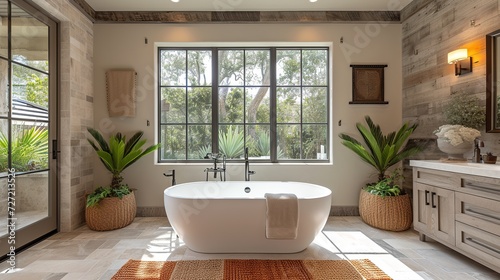 Modern minimalist bathroom interior Southern California-style. Created with Generative AI © Yevhen