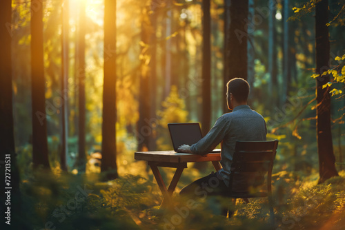 Man working in nature, teleworking, plant a tree, man with laptop in a forest, computer, informatic, feeling good at work, working from home, remote working, back to nature, ecology