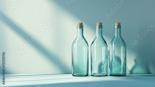 Minimalistic decorative glass bottles background concept with empty space. 