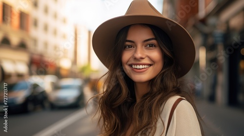 oung hispanic tourist woman smiling happy holding hat at the city. © Dennis