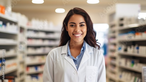 Portrait of happy female pharmacist standing with arms crossed in drugstore
