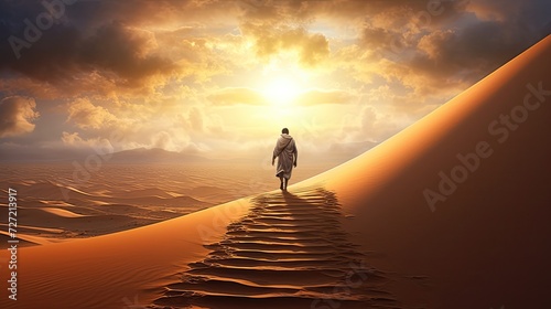 a man walking in the middle of the desert photo