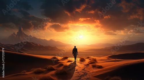 a man walking in the middle of the desert photo