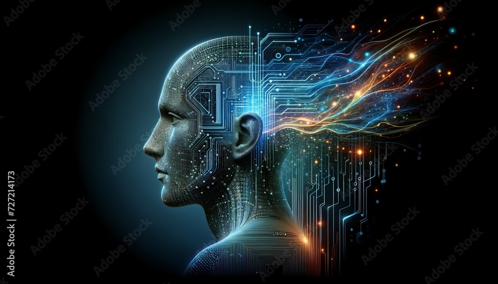 futuristic style human head silhouette with glowing blue circuits and gold dots futuristic style human head silhouette with glowing blue circuits and gold dots