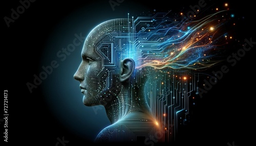 futuristic style human head silhouette with glowing blue circuits and gold dots