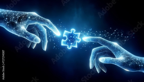 two digital hands connect two glowing puzzle pieces together photo