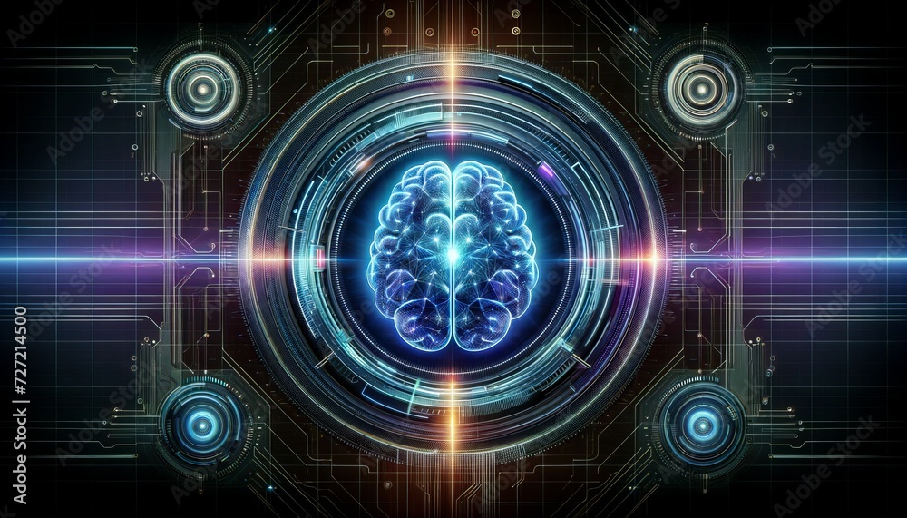 Fototapeta premium futuristic artificial intelligence interface with a prominent, glowing brain symbol at the center