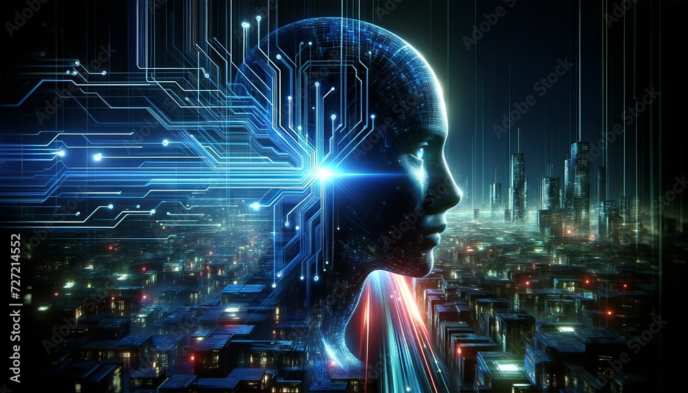 The silhouette of a human face is seen from the side with glowing blue futuristic circuits and elements