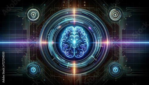 futuristic artificial intelligence interface with a prominent, glowing brain symbol at the center