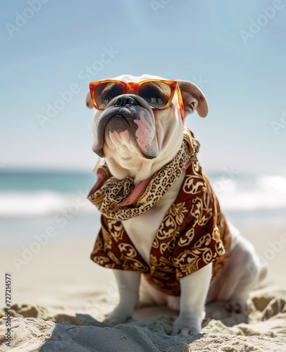Cute dog wearing stylish fashionable clothes and sunglasses at the beach © Boadicea