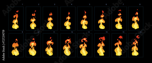 Fire animation. Fire animation sprites sheet, torch, campfire, fire trap, fire pillar vector flame video frames for game design