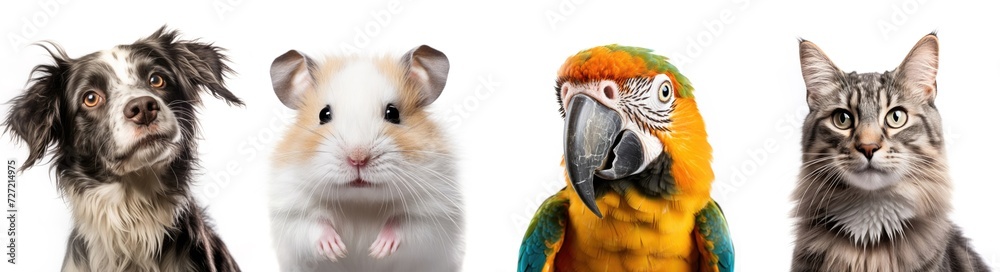 portraits of a dog, hamster, parrot and cat on a white background in the studio. Group of pets in front of a white background. Looking at camera portraits of a dog, hamster, parrot and cat on a white background in the studio. Group of pets in front of a white background. Looking at camera