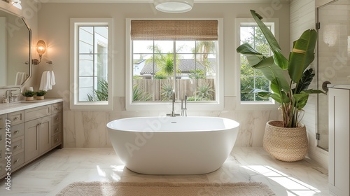 Modern minimalist bathroom interior Southern California-style. Created with Generative AI