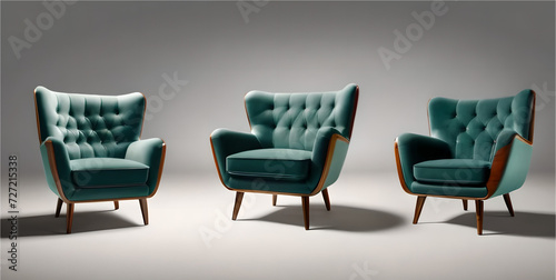 collection Set of red blue and yellow retro vantage armchairs cutouts single seat sofas isolated on transparent background - Generative AI photo