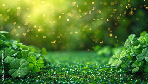 Green St. Patrick day seamless background with clover four-leaf blured leaves. Fresh clover leaves on green background. Copy space. St. Patrick's Day celebration background space for text