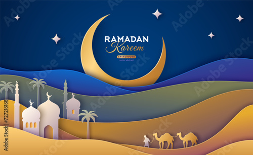 Arabian Night in Desert. Vector illustration. Place for text. Ramadan Kareem landscape, camel caravan, mosque and palms in oasis, paper cut 3d style. Ramadhan creative modern banner poster © kotoffei
