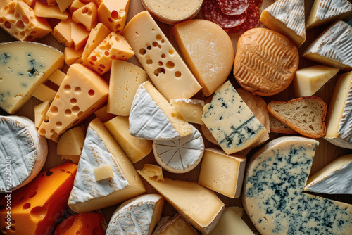 An overhead view of a delectable assortment of cheeses, creating an appetizing backdrop