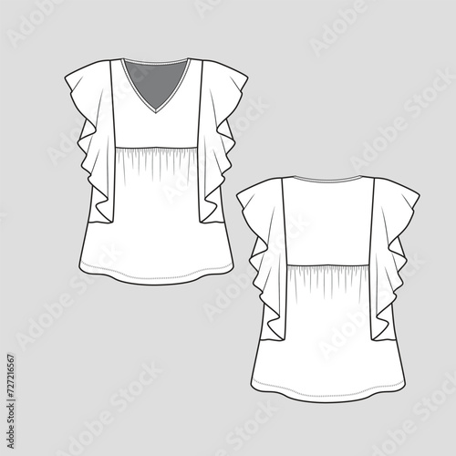 Ruffles Top V Neck gathering Ruffle Sleeve Fashion  t shirt blouse flat sketch technical drawing template design vector