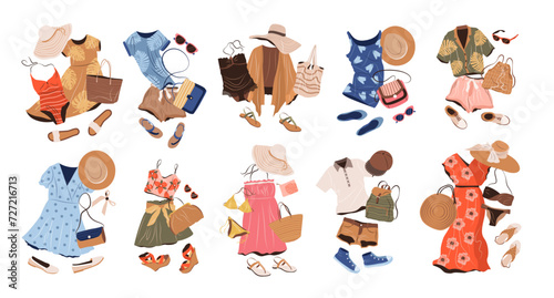 Outfits set in casual style for women. Fashion clothing, accessories, swimwear, bags, shoes for spring, summer and vacation. isolated flat vector illustrations on white background. Clip art.