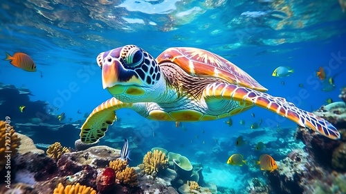 Green sea turtle swimming underwater on coral reef. Sea tortoise in the ocean.