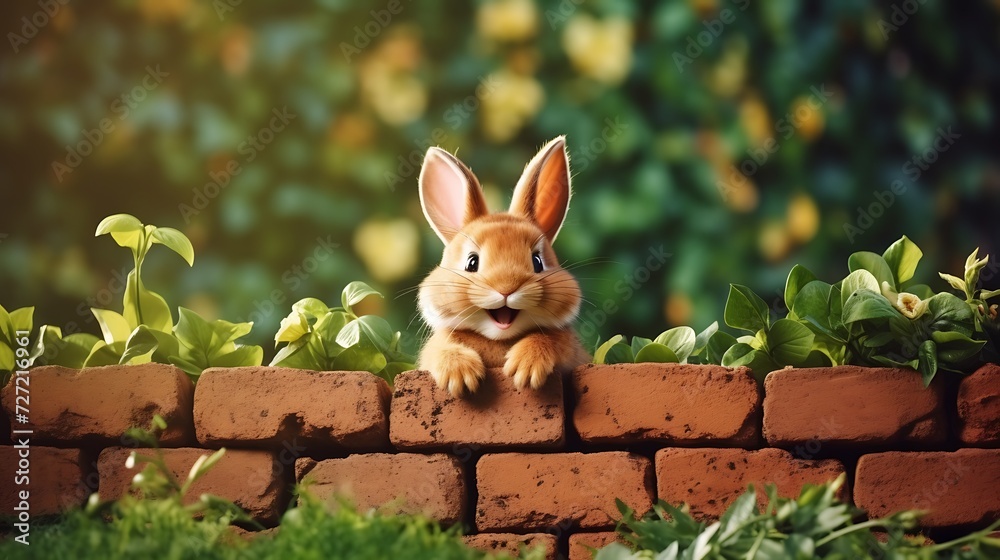 Cute little bunny sitting on brick wall in garden. Easter concept. Cute little bunny sitting on brick wall in garden. Easter concept.