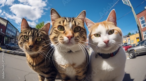 three cats looking at the camera on a sunny day in the city