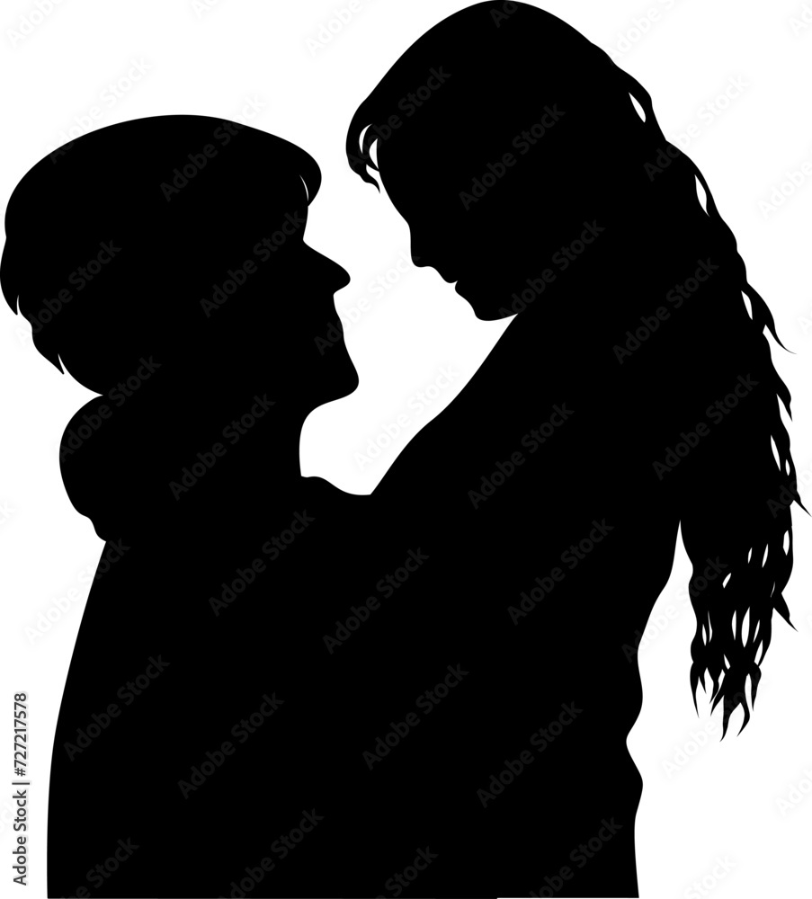 Silhouette of a man hugging a long-haired woman and looking romantically at each other