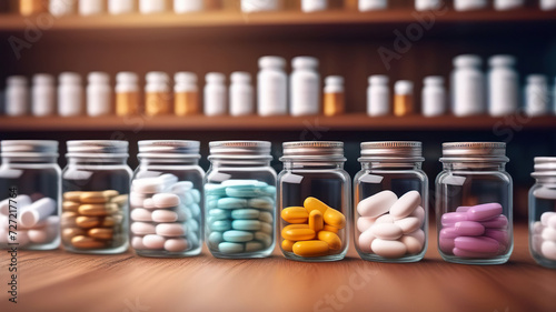 Pill jars on wooden table top with blur background of pharmacy. Generated AI