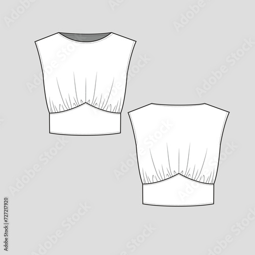 Sleeveless waist panel Gathering Top Crew Neck Sleeveless Waist gathering detail vest t shirt top blouse flat sketch technical drawing template design vector