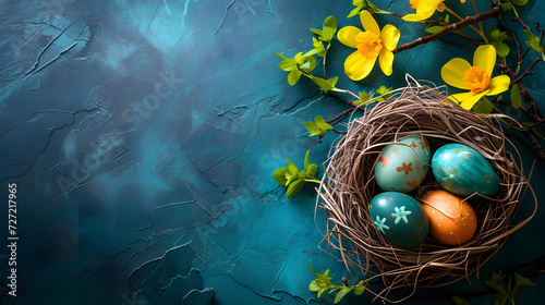 Leinwand Poster Birds Nest With Eggs and Yellow Flowers