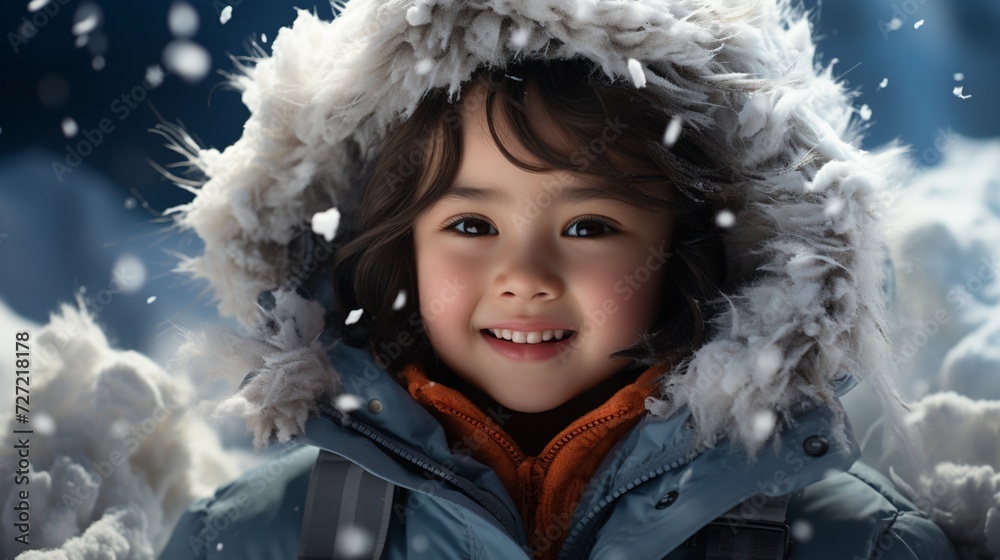 Little girl smile closeup with hat warm clothes on winter Little girl smile closeup with hat warm clothes on winter