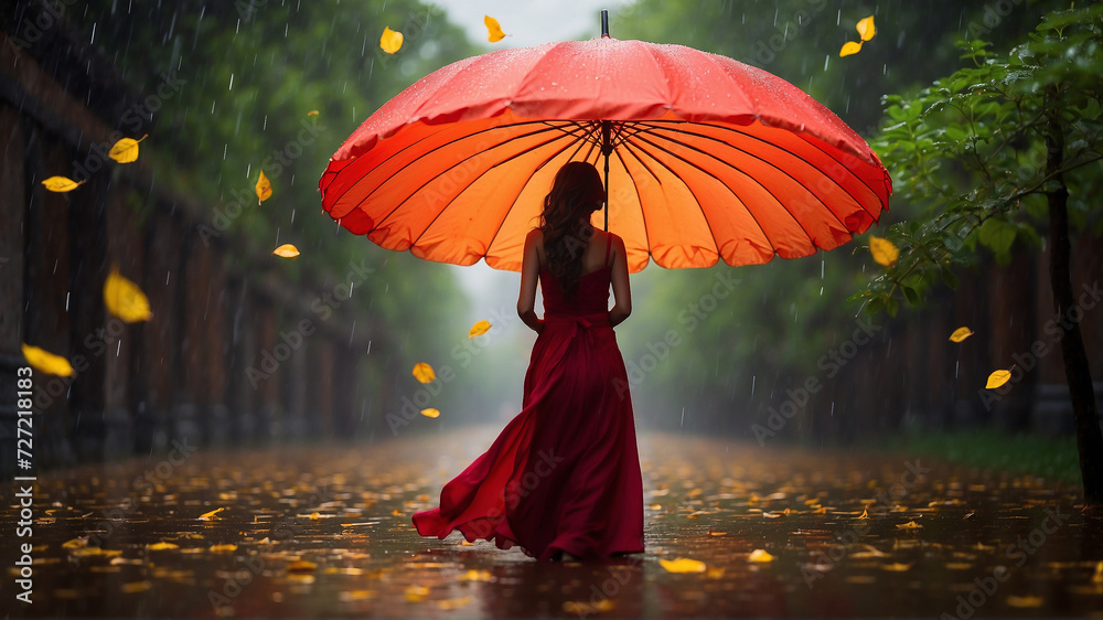 girl in a red dress under a huge umbrella on a rainy day. bad weather