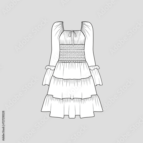 Smocked Gathering Bell Sleeve Ruffles Dress  Square neck tiered  ruched Gathering Smocking ruffle hem dress fashion t shirt top blouse flat sketch technical drawing template design vector