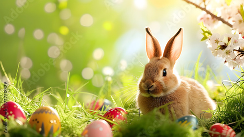 Rabbit Sitting in Grass Near Eggs