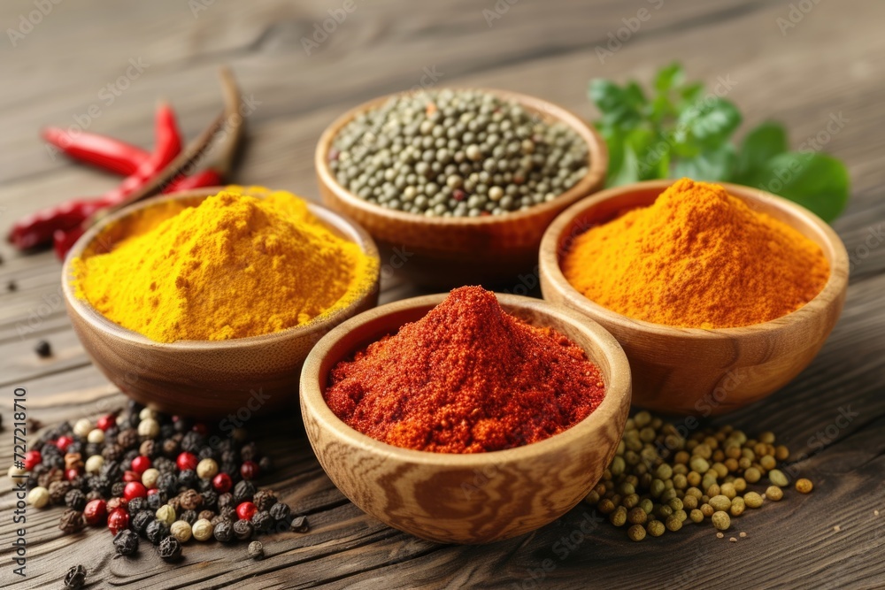 A selection of various colorful spices on a wooden table in bowls A selection of various colorful spices on a wooden table in bowls