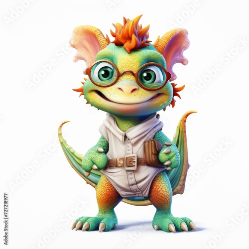 A green baby dragon with glasses  a dinosaur  joyful and cute  on a white background.