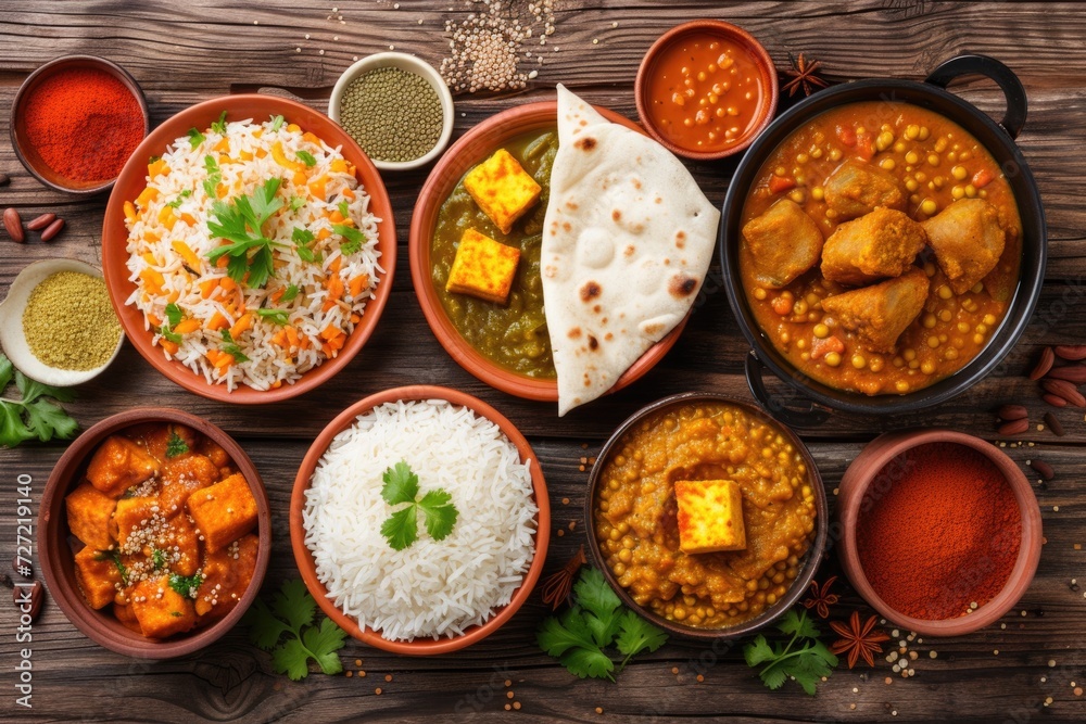 Assorted Indian food on wooden background.