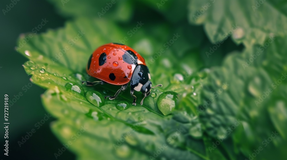 Ladybug Resting on a Green Leaf, Spring Ladybug Resting on a Green Leaf, Spring