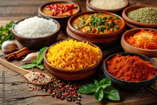 Assorted Indian recipes food various with spices and rice on wooden table photo