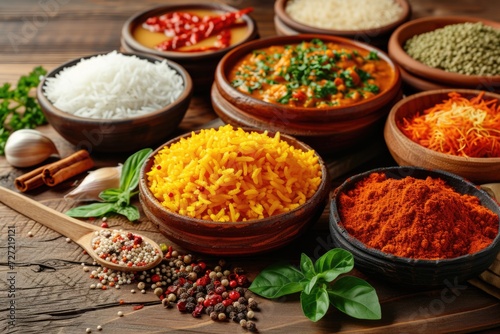 Assorted Indian recipes food various with spices and rice on wooden table