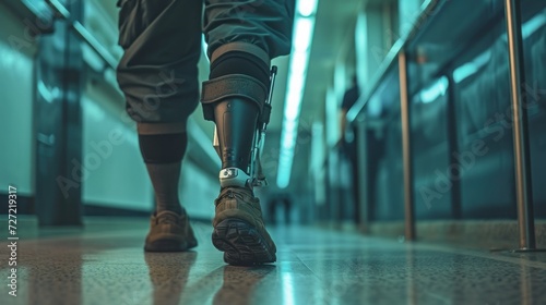 Back view of man with a prosthetic leg walking through hallway photo