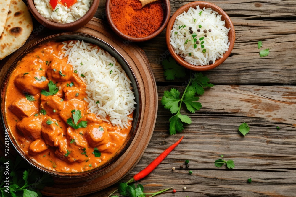 Delicious butter chicken with rice served on wooden table flat lay. Space for text Delicious butter chicken with rice served on wooden table flat lay. Space for text