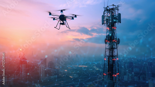 UAV drone flying near 5G cellular antenna during dramatic sunset, communication network. Telecommunication, smart city, Internet of Things photo