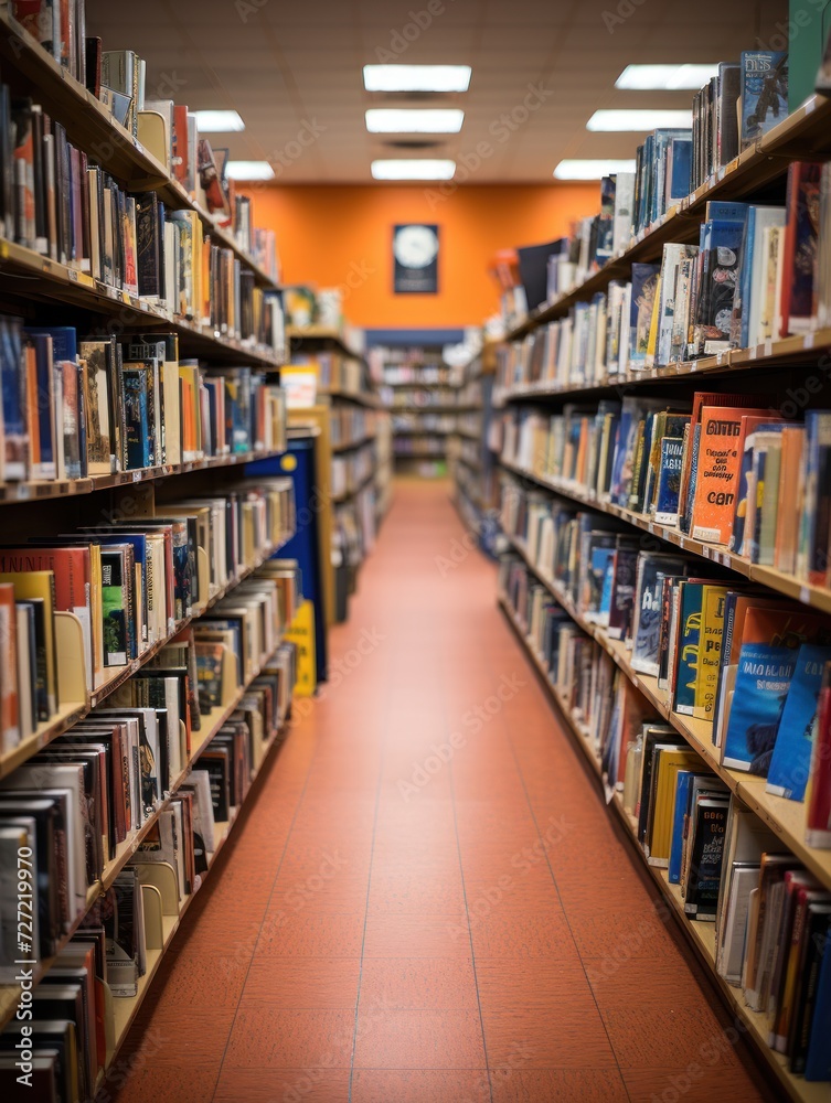 Long bookshelf corridor in a library with vibrant orange walls Long bookshelf corridor in a library with vibrant orange walls