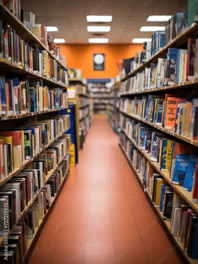 Long bookshelf corridor in a library with vibrant orange walls