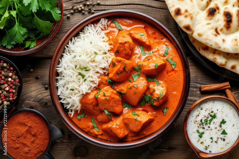 Spicy chicken tikka masala curry naan bread. Traditional Indian British dish. Spicy chicken tikka masala curry naan bread. Traditional Indian British dish.