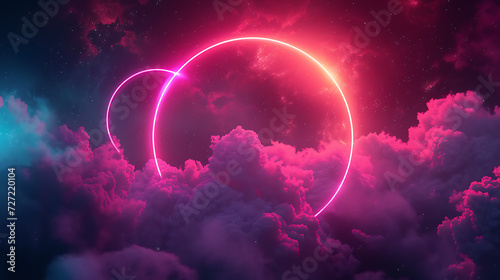 an abstract neon-lit cloud surrounded by a neon light ring in the dark night sky, forming a glowing geometric shape with a round frame