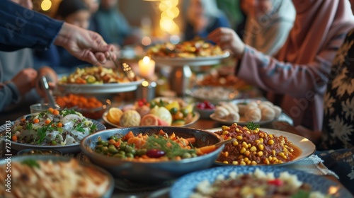 Group of People Standing Around a Table Filled With Plates of Food, Ramadan