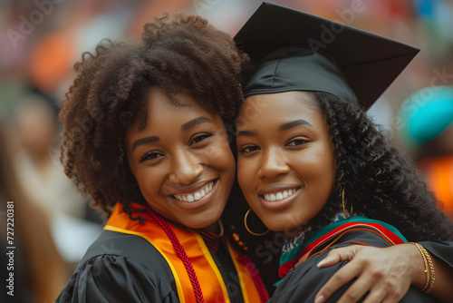 A proud mother embraces her daughter, a black college graduate, in celebration of her successful graduation.